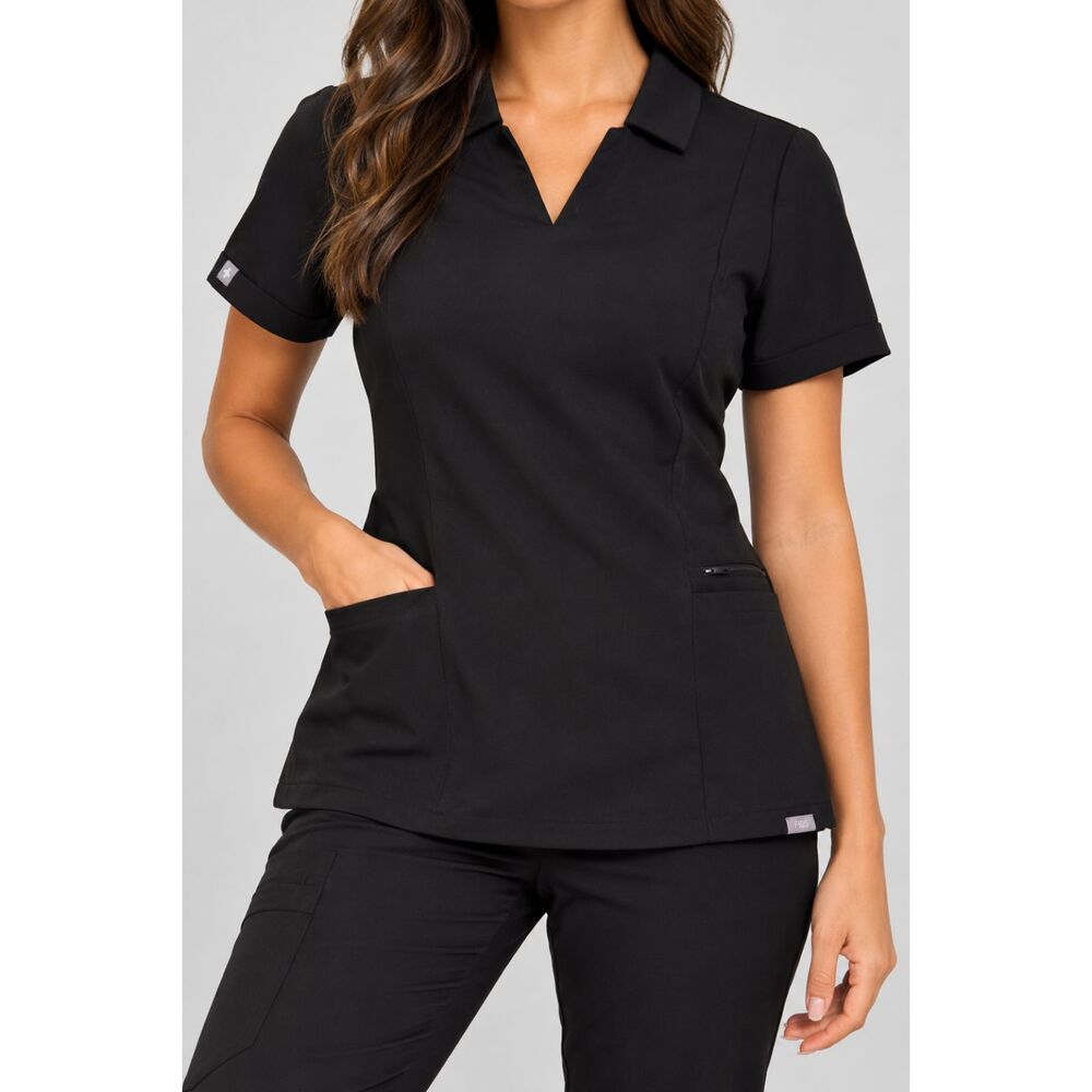 FIGS Technical Collection Black Collared Scrub Top Size Small Stretch
